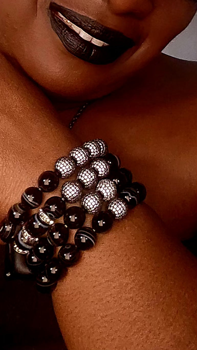 Handmade Black  Tiger Eye Beaded Bracelet Set