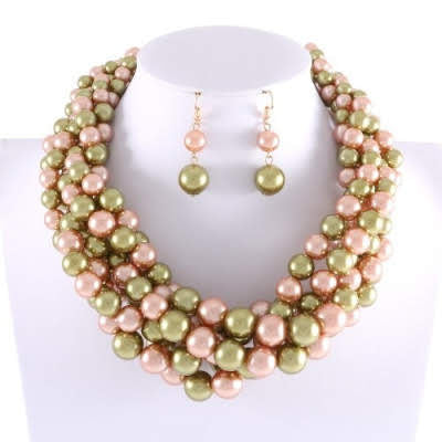 Multi-Strand Chunky Pearls Choker - Green & Gold